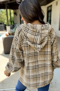 Online Dear-Lover Zipped Front Pullover Plaid Hoodie Khaki Printed