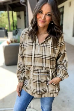 Online Dear-Lover Zipped Front Pullover Plaid Hoodie Khaki Printed