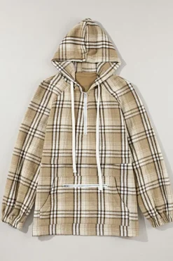 Online Dear-Lover Zipped Front Pullover Plaid Hoodie Khaki Printed
