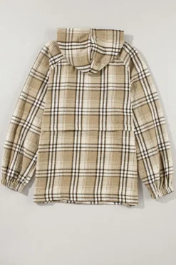 Online Dear-Lover Zipped Front Pullover Plaid Hoodie Khaki Printed