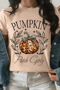 Online Dear-Lover PUMPKIN Patch Girly Leopard Bowknot Pumpkin Graphic T Shirt Khaki