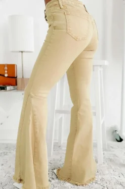 Sale Dear-Lover Raw Edge Mid Waist Flared Jeans Khaki