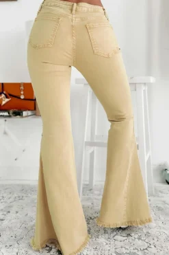 Sale Dear-Lover Raw Edge Mid Waist Flared Jeans Khaki