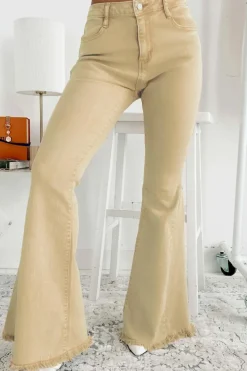 Sale Dear-Lover Raw Edge Mid Waist Flared Jeans Khaki