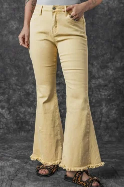 Sale Dear-Lover Raw Edge Mid Waist Flared Jeans Khaki