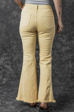 Sale Dear-Lover Raw Edge Mid Waist Flared Jeans Khaki