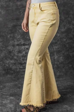 Sale Dear-Lover Raw Edge Mid Waist Flared Jeans Khaki