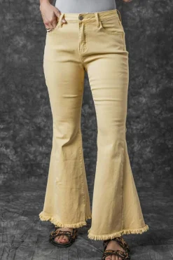Sale Dear-Lover Raw Edge Mid Waist Flared Jeans Khaki