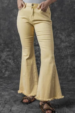 Sale Dear-Lover Raw Edge Mid Waist Flared Jeans Khaki