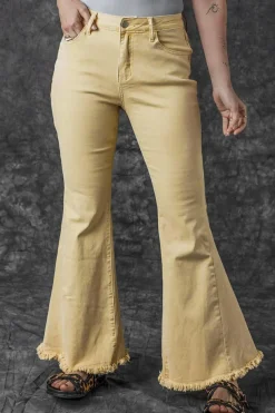 Sale Dear-Lover Raw Edge Mid Waist Flared Jeans Khaki