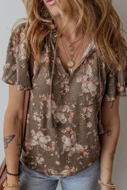 Clearance Dear-Lover Retro Floral Print Tassel Tie Split Neck Short Sleeve Blouse Khaki