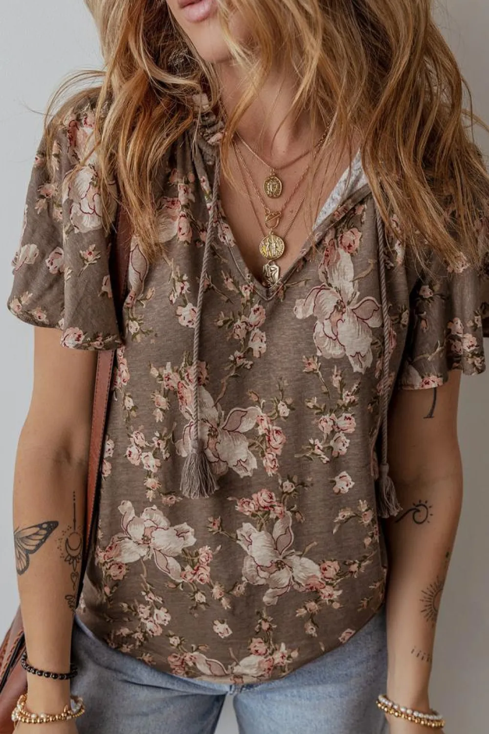 Clearance Dear-Lover Retro Floral Print Tassel Tie Split Neck Short Sleeve Blouse Khaki
