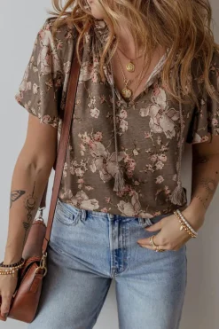 Clearance Dear-Lover Retro Floral Print Tassel Tie Split Neck Short Sleeve Blouse Khaki