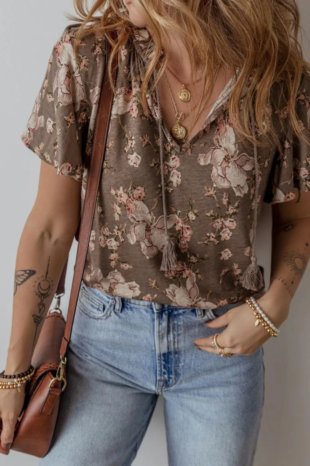 Clearance Dear-Lover Retro Floral Print Tassel Tie Split Neck Short Sleeve Blouse Khaki