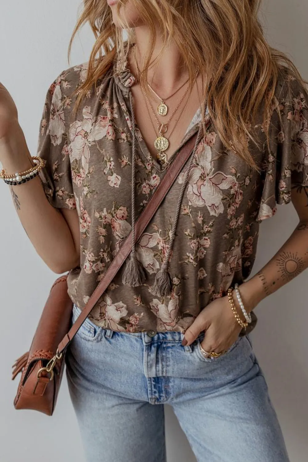 Clearance Dear-Lover Retro Floral Print Tassel Tie Split Neck Short Sleeve Blouse Khaki
