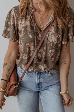 Clearance Dear-Lover Retro Floral Print Tassel Tie Split Neck Short Sleeve Blouse Khaki