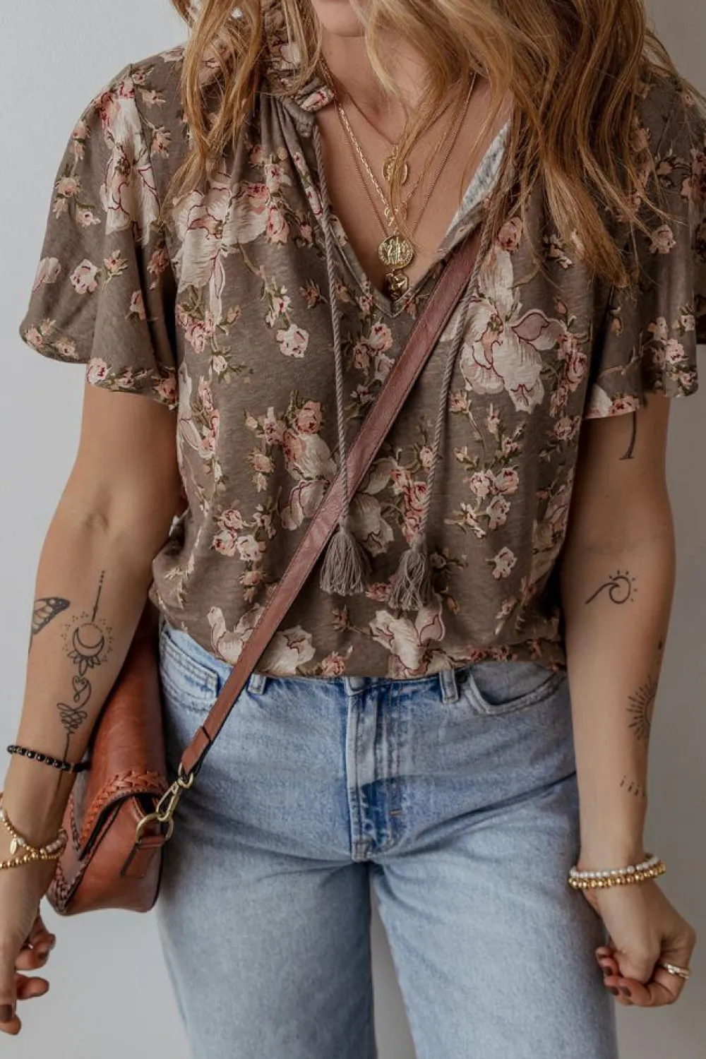 Clearance Dear-Lover Retro Floral Print Tassel Tie Split Neck Short Sleeve Blouse Khaki