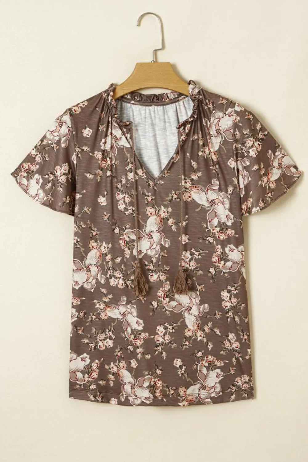 Clearance Dear-Lover Retro Floral Print Tassel Tie Split Neck Short Sleeve Blouse Khaki