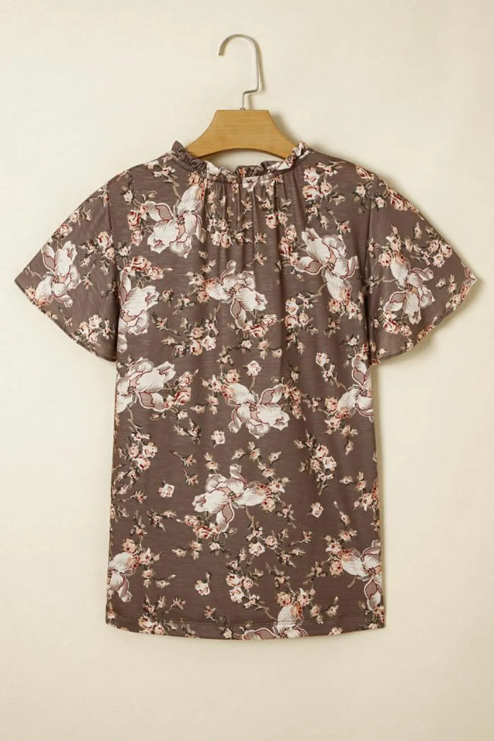 Clearance Dear-Lover Retro Floral Print Tassel Tie Split Neck Short Sleeve Blouse Khaki