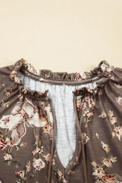 Clearance Dear-Lover Retro Floral Print Tassel Tie Split Neck Short Sleeve Blouse Khaki