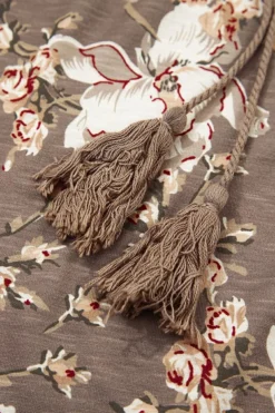 Clearance Dear-Lover Retro Floral Print Tassel Tie Split Neck Short Sleeve Blouse Khaki