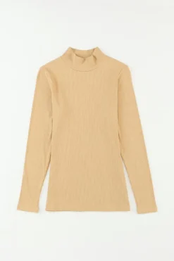 Sale Dear-Lover Ribbed Knit High Neck Long Sleeve Top Khaki