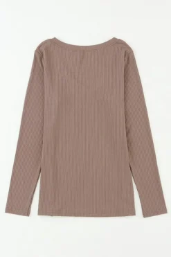 Sale Dear-Lover Ribbed Knit Patched Chest Pocket V Neck Top Khaki