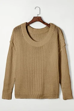 Best Dear-Lover Khaki Ribbed Knit Round Neck Slouchy Chunky Sweater Pale Khaki