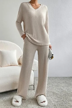 Best Dear-Lover Ribbed Knit V Neck Slouchy Two-piece Outfit Khaki