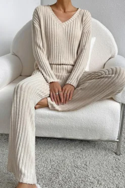 Best Dear-Lover Ribbed Knit V Neck Slouchy Two-piece Outfit Khaki