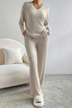 Best Dear-Lover Ribbed Knit V Neck Slouchy Two-piece Outfit Khaki