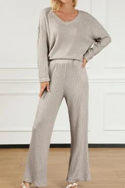 Best Dear-Lover Ribbed Knit V Neck Slouchy Two-piece Outfit Khaki