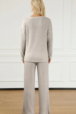 Best Dear-Lover Ribbed Knit V Neck Slouchy Two-piece Outfit Khaki