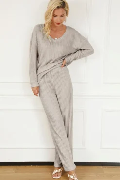 Best Dear-Lover Ribbed Knit V Neck Slouchy Two-piece Outfit Khaki
