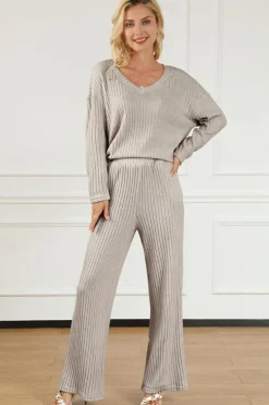 Best Dear-Lover Ribbed Knit V Neck Slouchy Two-piece Outfit Khaki
