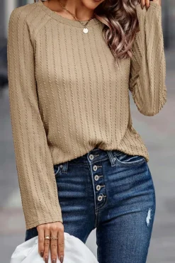 Hot Dear-Lover Ribbed Round Neck Knit Long Sleeve Top Khaki