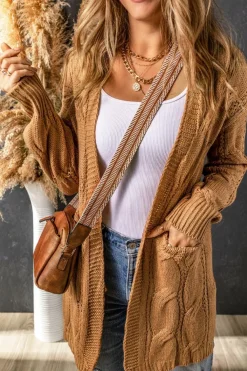 Clearance Dear-Lover Ribbed Trim Eyelet Cable Knit Cardigan Khaki