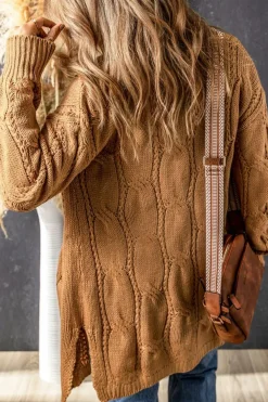 Clearance Dear-Lover Ribbed Trim Eyelet Cable Knit Cardigan Khaki