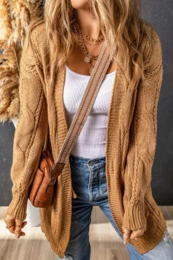 Clearance Dear-Lover Ribbed Trim Eyelet Cable Knit Cardigan Khaki