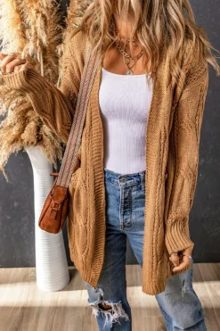 Clearance Dear-Lover Ribbed Trim Eyelet Cable Knit Cardigan Khaki