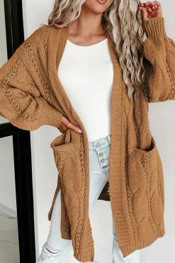 Clearance Dear-Lover Ribbed Trim Eyelet Cable Knit Cardigan Khaki