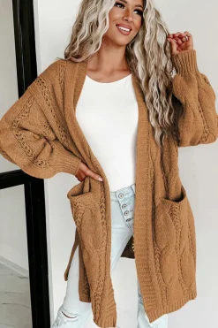 Clearance Dear-Lover Ribbed Trim Eyelet Cable Knit Cardigan Khaki