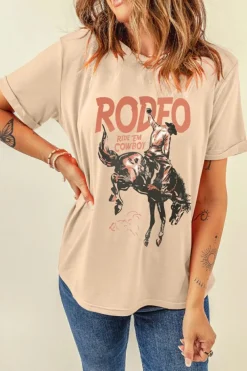 New Dear-Lover RODEO Cowboy Graphic Crewneck T Shirt Khaki
