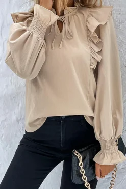 Hot Dear-Lover Ruffled Lace up Bubble Sleeve Blouse Khaki