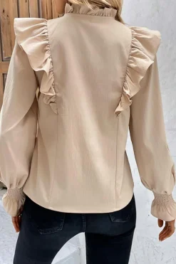 Hot Dear-Lover Ruffled Lace up Bubble Sleeve Blouse Khaki
