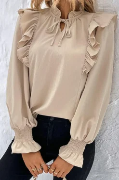 Hot Dear-Lover Ruffled Lace up Bubble Sleeve Blouse Khaki