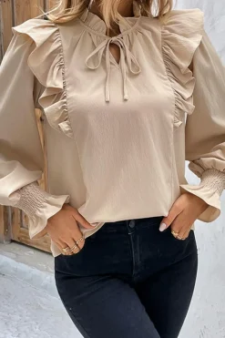 Hot Dear-Lover Ruffled Lace up Bubble Sleeve Blouse Khaki