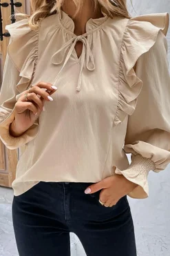 Hot Dear-Lover Ruffled Lace up Bubble Sleeve Blouse Khaki