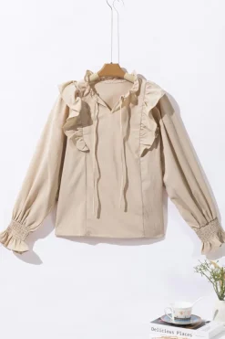 Hot Dear-Lover Ruffled Lace up Bubble Sleeve Blouse Khaki