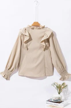 Hot Dear-Lover Ruffled Lace up Bubble Sleeve Blouse Khaki